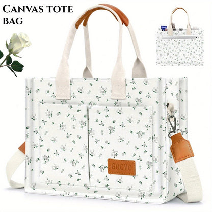 Chic Floral Canvas Tote Bag for Women, Versatile Shoulder & Crossbody Laptop Handbag, Sturdy Handle Construction, Multiple Pockets, Perfect for Work and Daily Commuting