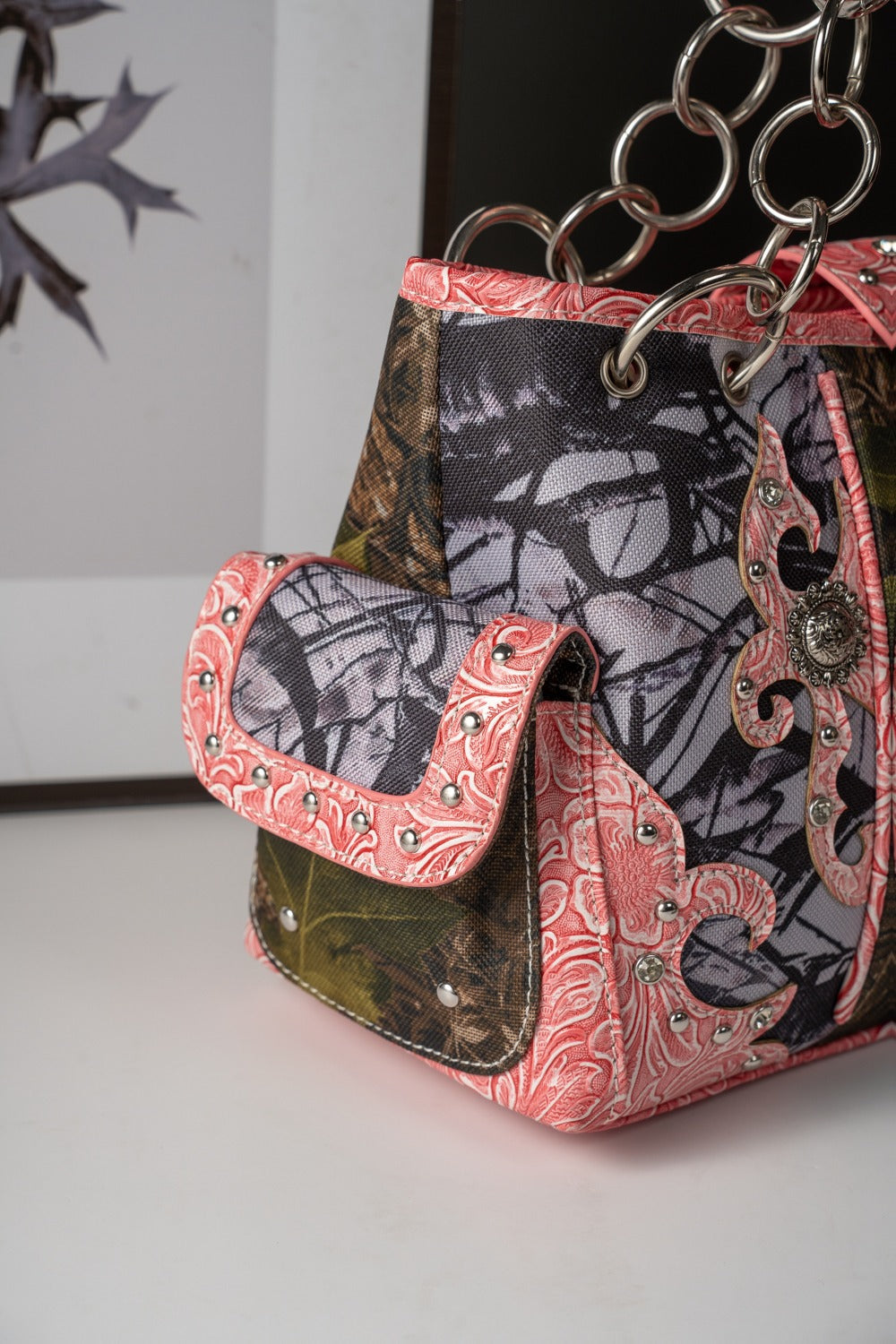 Western Style Camouflage Handbag, Concho Buckle Tooled Floral Country Studs Crossbody Women's Handbag, Backpack, Wallet Set, Ideal Christmas Gift