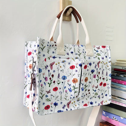 Tote Bag for Women Canvas Patched Purse Cute Shoulder Bag Multi-Pocket Satchel Handbag for Work Books Travel, Bag Only