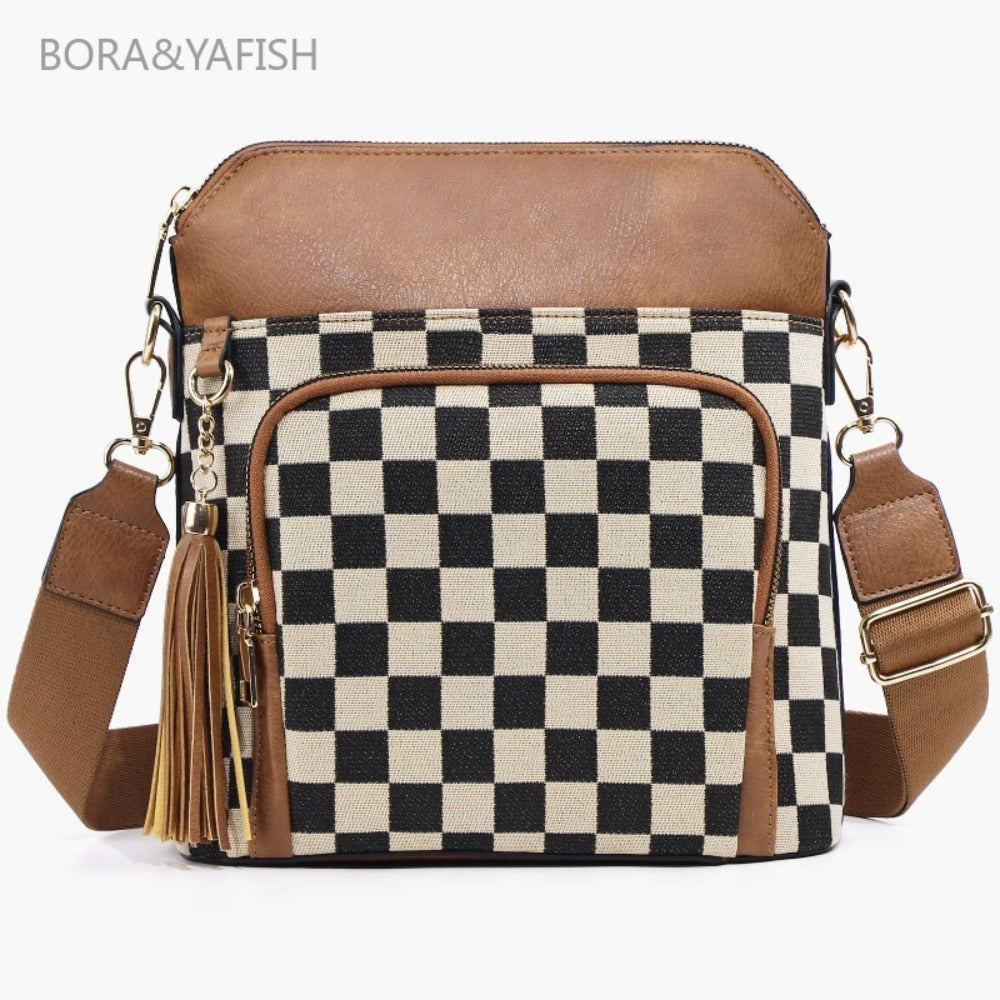 Spot TK Cross-border Hot-selling Checkerboard Pattern Color Matching Shoulder Bag Zipper Shoulder Strap Messenger Bag Camera Bag Female