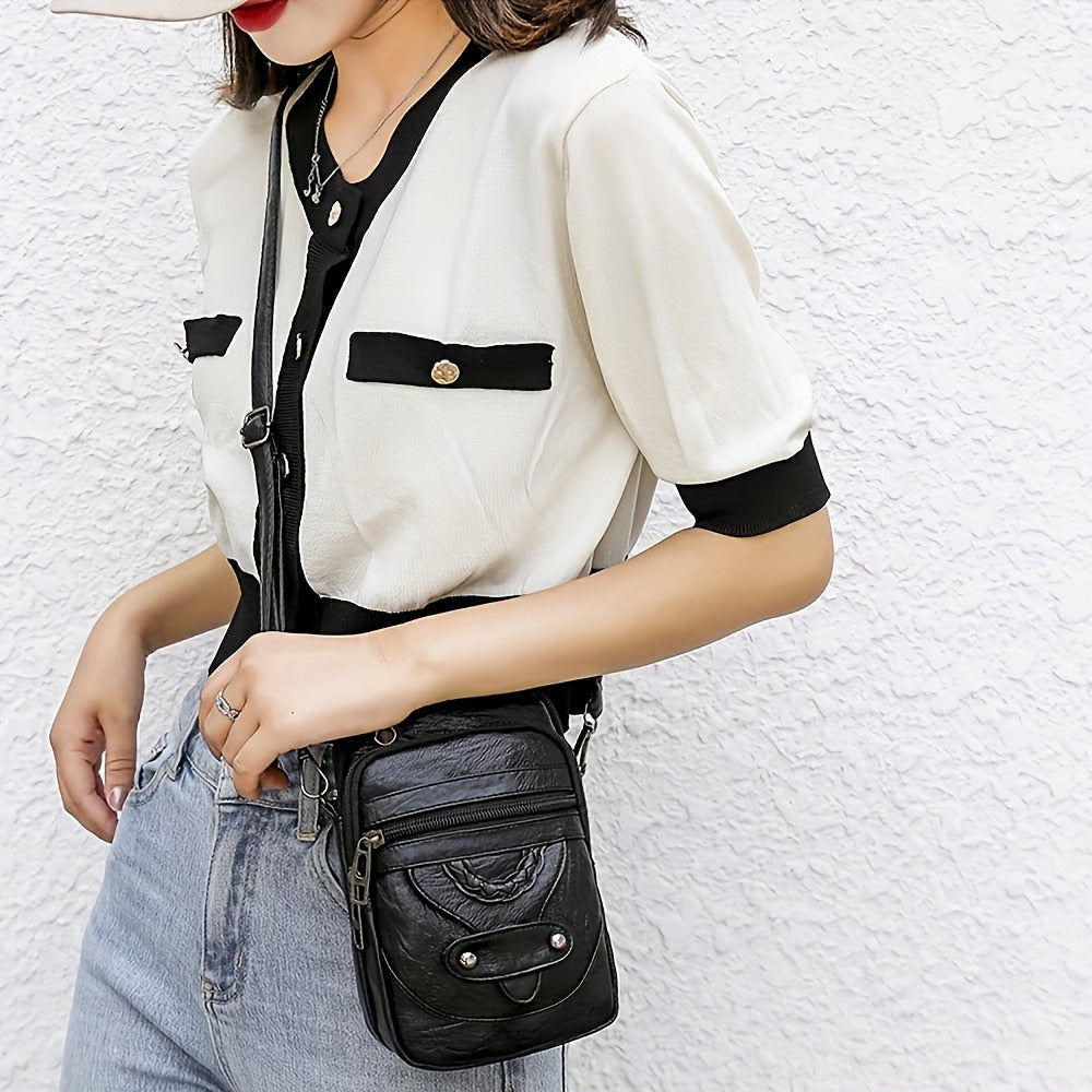 Vintage Multi-Pocket Zippered Crossbody Bag for Women, Upgraded Soft Fabric, Stylish Urban Women Crossbody Bag with Studded Lace Detail, Multi-Compartment Phone Wallet for Daily Use, with Adjustable Strap, Black/Brown 1pc