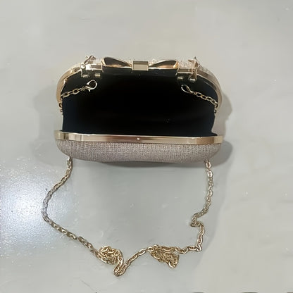 [Party Banquet Festival] Oval Glittery Evening Clutch Bag - Sparkly Bow Detail Metal Handle Chain Shoulder Purse for Party Banquet Music Festival (Multiple Colors)