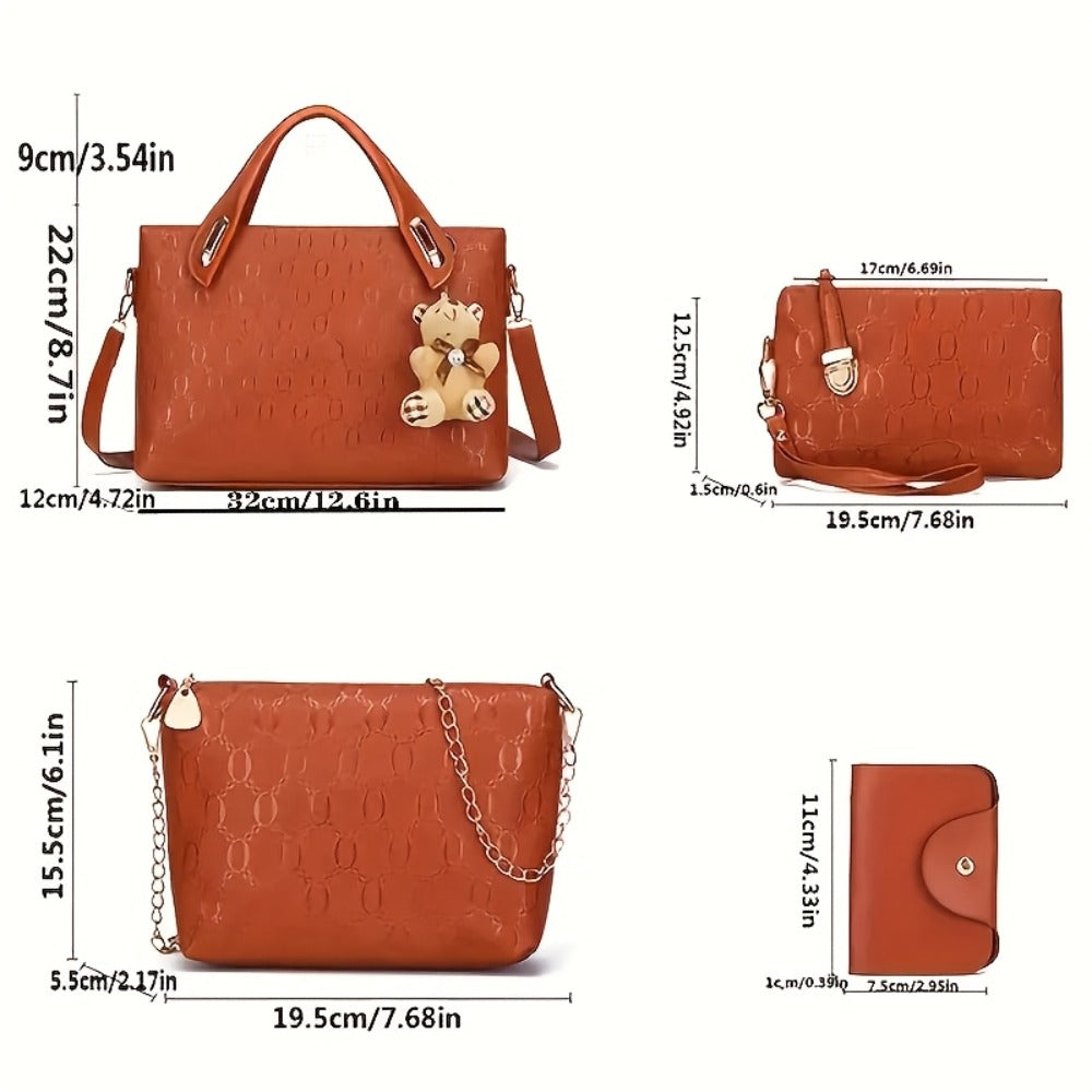 4pcs Women'S Fashionable Handbag Set, Women'S Bag Set, A Small Bear Pendant Is Included Randomly (color And Style Are Random), Very Suitable For Daily Commuting - Large Capacity Bag