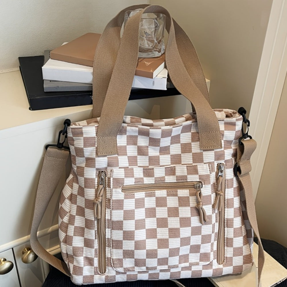 Multi-compartment Textured Checkered Bag | Ideal for Daily Commute, School & Outdoor Trips | Stylish Versatile Multi-purpose Shoulder & Crossbody BagCheckered Tote Bag | Large Capacity Commuter Bag