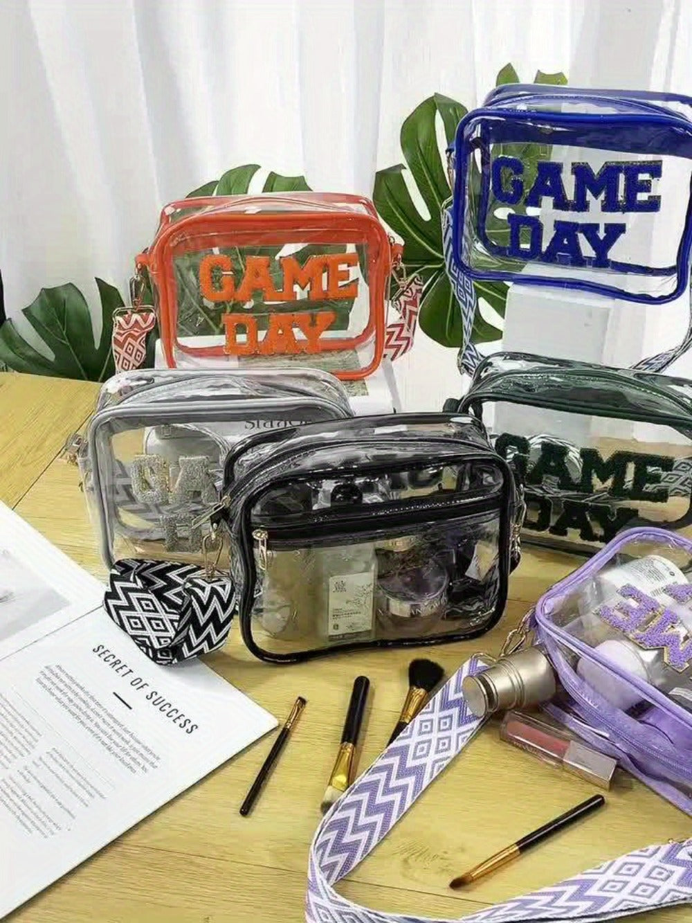 Stadium Approved Black Red Green Blue Purple Gray Game Day Clear Crossbody Bag Premium PVC Transparent Purse For Concerts, Sports Events And Tailgating.