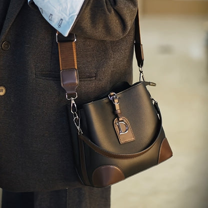 Fashionable Women'S Bucket Bag - Casual Crossbody Bag, Golden Accessory Design, Black/Brown, Adjustable And Detachable Shoulder Strap, Suitable for Daily Use