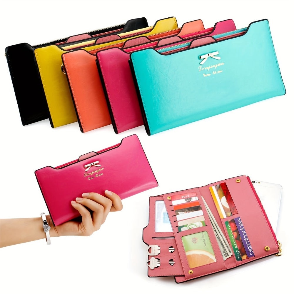 Fashion Cute Bowknot Long Wallet, Zipper Multi-card Clutch Coin Money Purse, Women's PU Leather Phone Handbag, Credit Card Holder