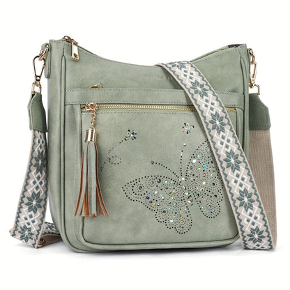 YOVIEE Women'S Large Vintage Butterfly Handbag With Adjustable Crossbody Strap & Fringe Tassel Golden-Tone Hardware, Secure Zipper Closure, Lining Women'S Handbag Faux Leather Tote Bag Gift For Mom Daily