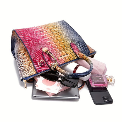 [Crocodile Patterned Handbag] Fashionable And Colorful Crocodile Patterned Handbag, A Visual Feast Of Multi-Color Gradient Fusion, Craftsmanship Texture, And Exquisite Metal Accessories Embellishment. Large Capacity Design Meets Diverse Needs