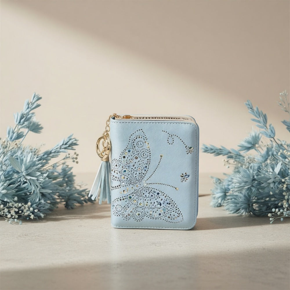 Women RFID Blocking Small Bifold Wallet, Compact Cash Clutch with Zipper Coin Pocket, Glittery Butterfly Design, Credit Card Holder, Travel Purse with Tassel Mom Gift Faux Leather Tote Zipper Daily