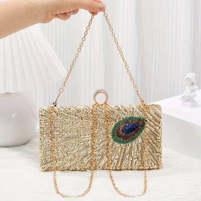 [Evening Clutch Purse] Vintage Beaded Sequins Rhinestone Evening Clutch Purse Luxury Peacock Feather Women Dinner Party Evening Bag Handbag for Wedding Formal