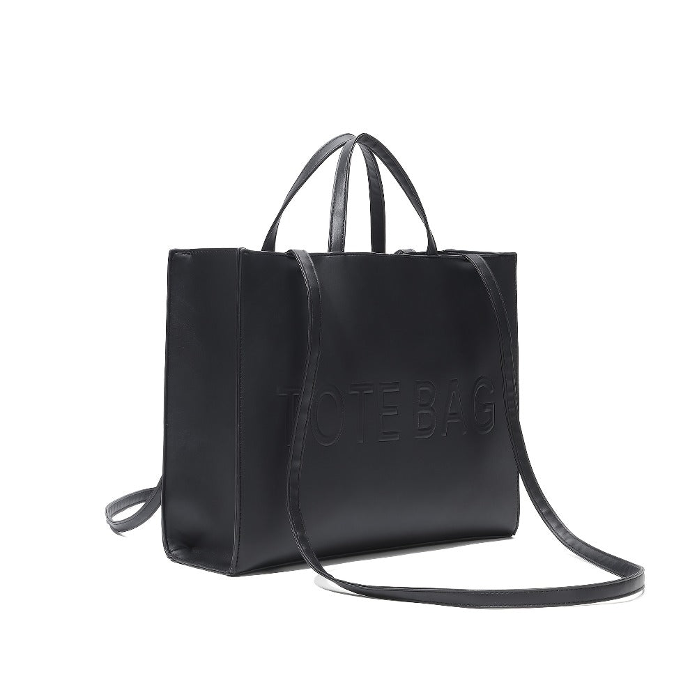 RAGSTO Women's Fashion Large Black Tote Bag, Embossed with "TOTE BAG" Lettering, High-Capacity Women's Shoulder/Underarm Bag, Work Bag, Lightweight and Durable Crossbody Handbag, Fixed Shoulder Strap, Ideal for Travel, Shopping, and Work