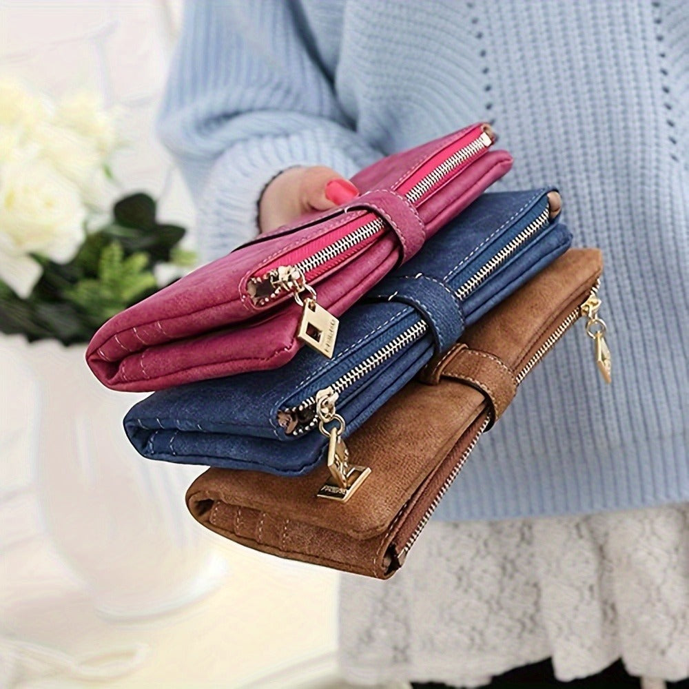 Retro Frosted Long Clutch Wallet Solid Color Multi Card Slots Money Purse Phone Handbag for Women