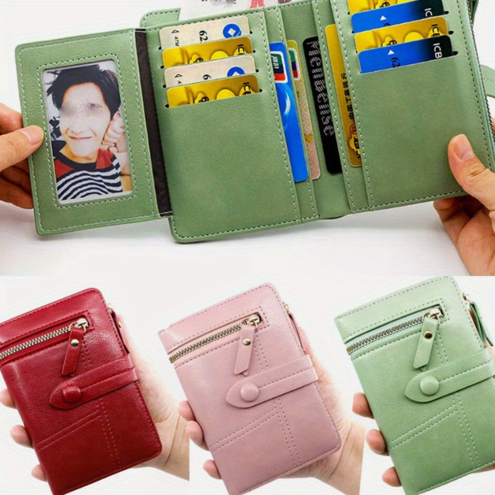 Small Wallets for Women Trifold Multiple Card Slots Holder with ID/ Photo Window Zipper Coin Pocket Purse Perfect for Everyday Use