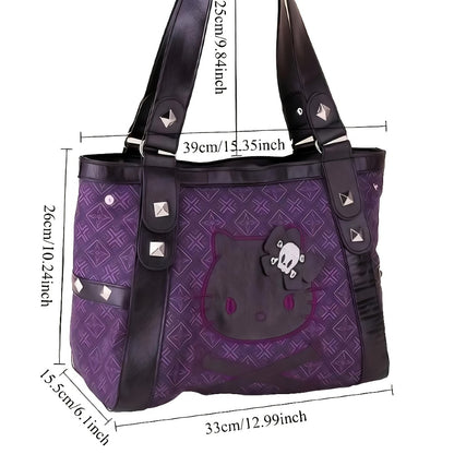 Genuine Hello Kitty Vintage Purple Tote Bag Featuring Black Accents - Y2K Gothic Aesthetic, Sturdy Nylon, Zipper Fastening, Multi-Functional Underarm Tote, Daily Use Tote Bag | Gothic Design Bag | Metal Earring Details, Retro Tote Bag