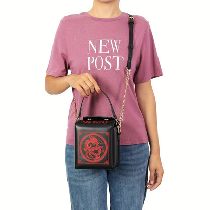 Messenger Loong Shoulder Purse, Chinese Takeout Crossbody Bag for Women, Novelty Dragon Pattern Fun Handbag