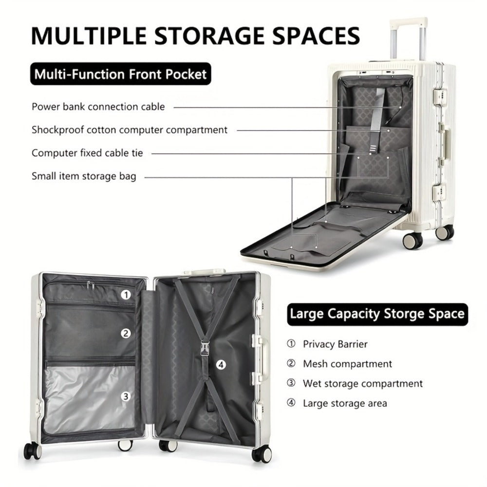 1pc Front Opening 20-Inch Spinner Luggage Suitcase with USB Port And Cup Holder And Phone Holder, Versatile Aluminum Framed Carry-On Luggage with Wheels And Laptop Compartment Pocket, High-Value Durable Hardside Luggage, Password Lock Trolley Case