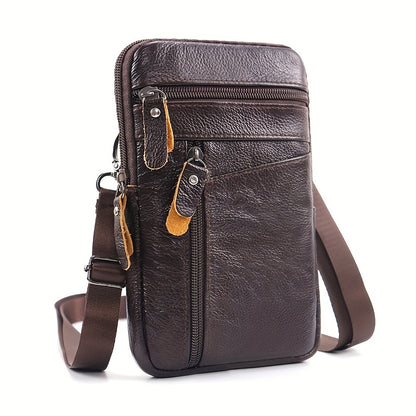 Men's Genuine Leather Sling Bag Belt Pack with Multi-Layer Crossbody Waist Pack Suitable for Daily Use, Outdoor Travel & Business - Adjustable Strap, Secure Zipper Closure, Hands-Free Carry - Top Layer Cowhide ()