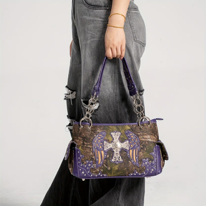 Camouflage Cross Wing Western Studded Handbag Workwear Synthetic Leather Wallet Rustic Women's Shoulder Bag Purse Set