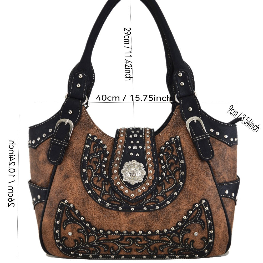 Western Style Berry Conchos Cowgirl Country Conceal Carry Purses Crossbody Handbags Women Shoulder Bags Wallet Set Brown Christmas Gifts