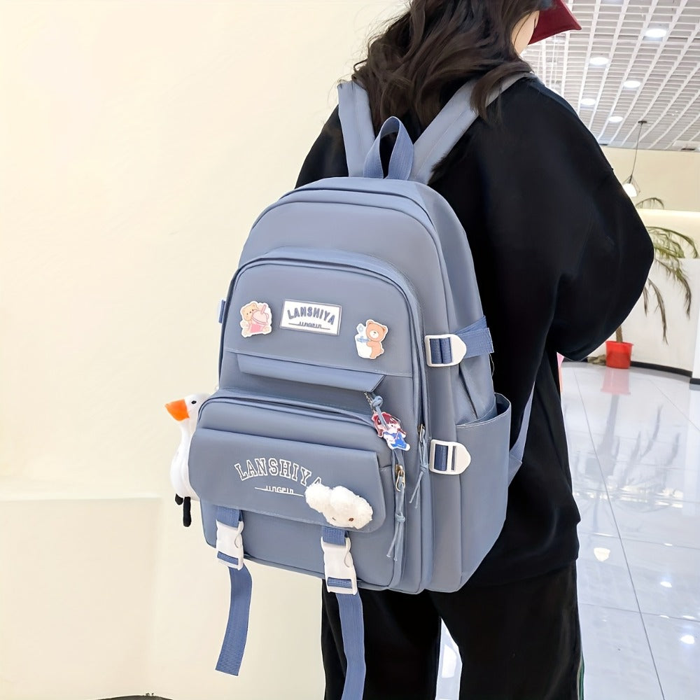 5pcs Solid Color Backpack Set in Material, Large Capacity Double-Shoulder Bag, Easy Tote, Pencil Bag, Casual Crossbody, Lightweight Student Backpack Set with Ducky Charm, 3 Badges, And Rabbit Charm, Position Print, Cute Style, for School Use