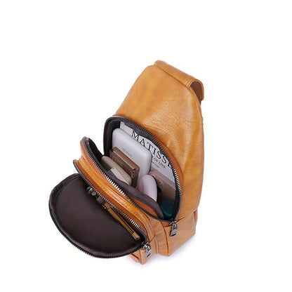 Men'S Chest Bag Sling Backpack Faux Leather Retro Crossbody Bag Shoulder Bag Unisex Soft Faux Leather