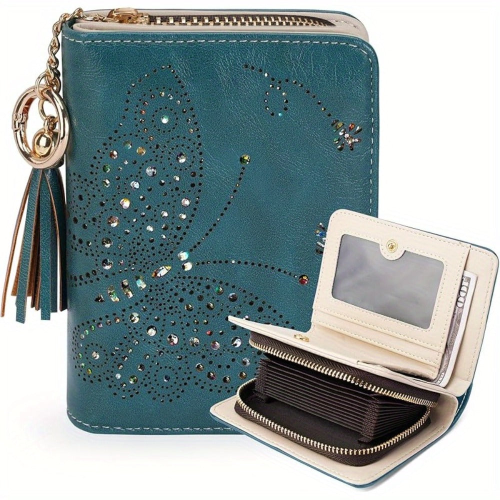 Wallet Women RFID Blocking Small Wallets With Cash Clutch Compact Bifold With Zipper Coin Pocket Ladies Credit Card Holder Glittery Butterfly Travel Purse With Tassel GREEN Mom Gift Tote Essential Daily