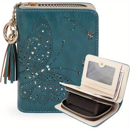 Wallet Women RFID Blocking Small Wallets With Cash Clutch Compact Bifold With Zipper Coin Pocket Ladies Credit Card Holder Glittery Butterfly Travel Purse With Tassel GREEN Mom Gift Tote Essential Daily