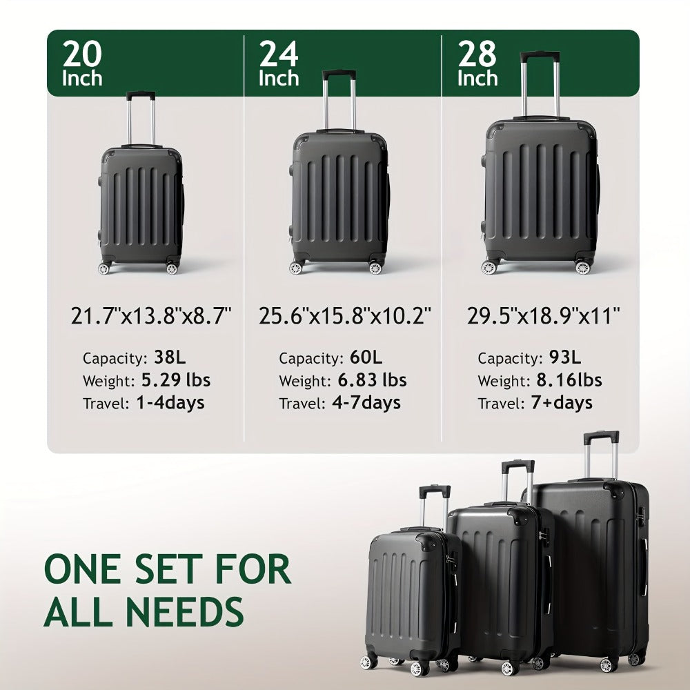 3pcs Luggage Set Wear-Resistance Hardshell Ligthwegt Spinner Wheels Suitcase Set with Tsa Lock, 3in1 Carry on Luggage(20" 24" 28") for Men and Women