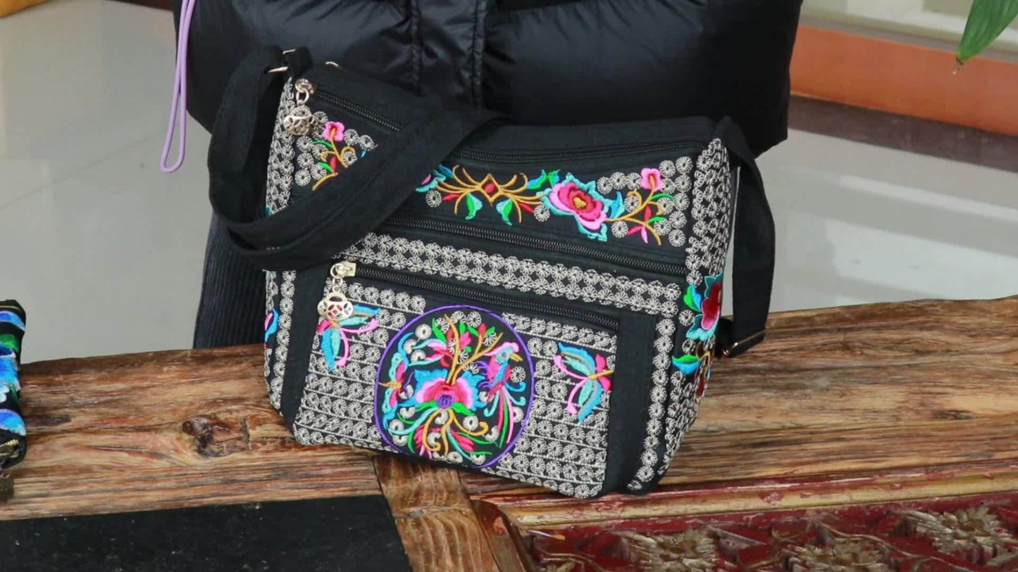 Retro Bohemian Flower Pattern Shoulder Bag, Classic Retro Zipper Crossbody Bag, Birthday Gift for Mom