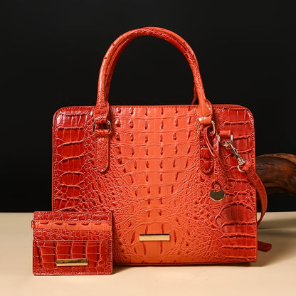 Set of 2pcs Featuring a Crocodile Pattern in Faux Leather, with a Roomy Interior, a Trendy Shoulder Strap, And a Fashionable Clutch Purse. This Stylish Accessory Is Perfect for Work, Everyday Use, And Special Events - Made with Premium Quality
