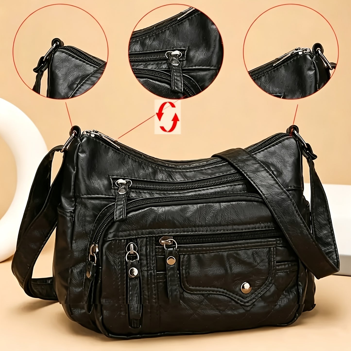 CuteCity Fashionable Large Capacity PU Shoulder Bag Multifunctional Crossbody Bag, Women'S Shoulder Bag, With Adjustable Shoulder Strap, Anti-theft Zipper Closure. Multi Zipper And Multi Pocket Design Handbag, Suitable For Daily Use