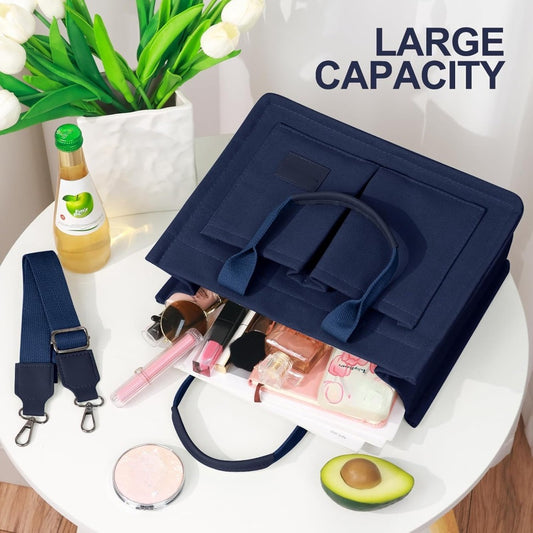 Large Capacity Multi-Pocket Tote Bag with Adjustable Crossbody/Handheld Strap, Wrist Strap & Button Closure - // Handbag for Work, Travel, Shopping - Casual Durable Handheld Bag
