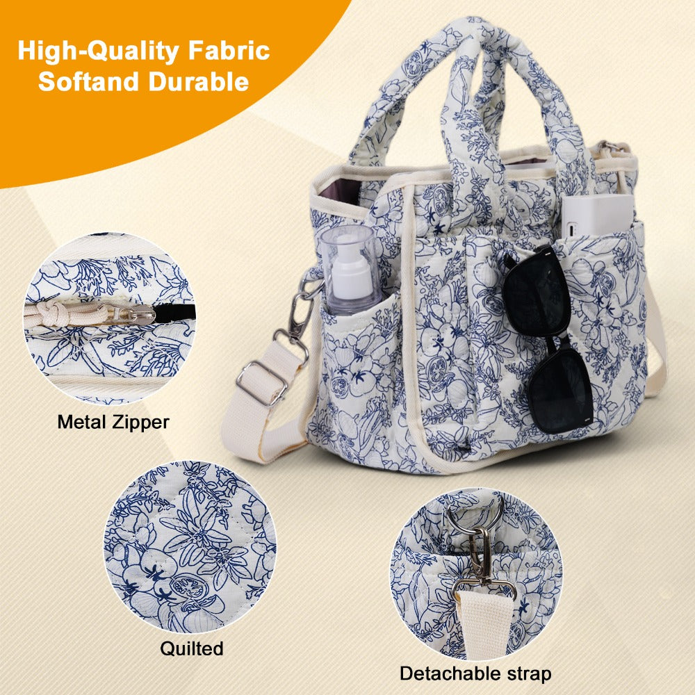 Floral Quilted Tote Bag for Women, Cute Crossbody Shoulder Purse with Pockets, Everyday Handbags