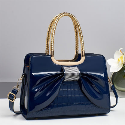 2025 Summer And Autumn Light Luxury New European And American Fashion Bow Lacquered Faux Leather Versatile Single Shoulder Cross Shoulder Handbag, Middle Aged Mother'S Bag