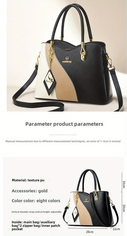 Colorblock Top-Handle Satchel Bag for Women - Faux Leather Purse with Zipper Closure, Large Capacity Shoulder Tote with Messenger Strap and Edge Paint Detail, Fashionable Handbag