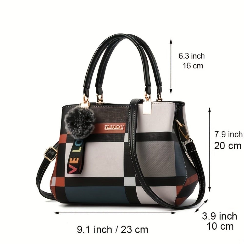 Fashion Plaid Pattern Tote Bag, Colorblock Satchel Purse, Stylish Crossbody Bag With Plush Ball Pendant