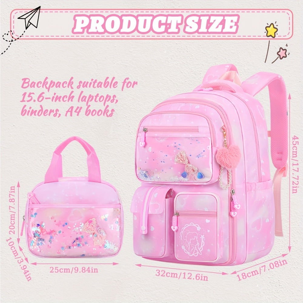 2pcs Bxboat Large Capacity Girls' Backpack with Lunch Box Pocket & 15.6" Laptop Compartment - Cute Bowknot Design, Multiple Pockets, Durable Fabric School Backpack for Teen Girls, Travel & Outdoor (Pink & Blue), Girls' Backpack, for Teenager