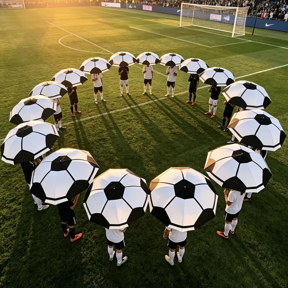 This New Folding Umbrella Features A Large Soccer Ball Print. It'S An Essential Umbrella For Soccer Enthusiasts, Portable, And Suitable For All Seasons. It'S A Casual Outdoor Accessory And A Must-have For The Home.