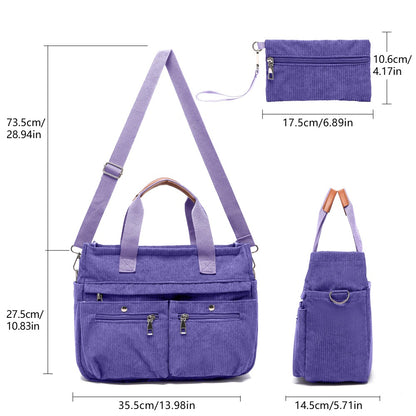 Corduroy Tote Bag Set (2PCS) for Women, Laptop Work Bags Crossbody Shoulder Hobo Messenger Handbag Purse Travel Gym Totes