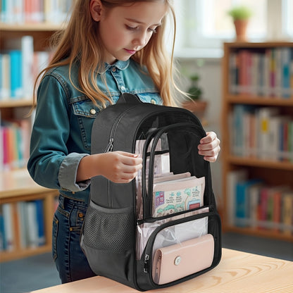 Transparent Backpack Made of Fabric And PVC, Featuring a Reinforced Strap Suitable for Both Women And Men. This Heavy-Duty Clear Bookbag Offers Ample Space for Travel And Security, in a Black Color