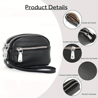 Coin Purse for Women Genuine Leather Small Triple Zipper Coin Wallet Pouch with Removable Wristlet Strap