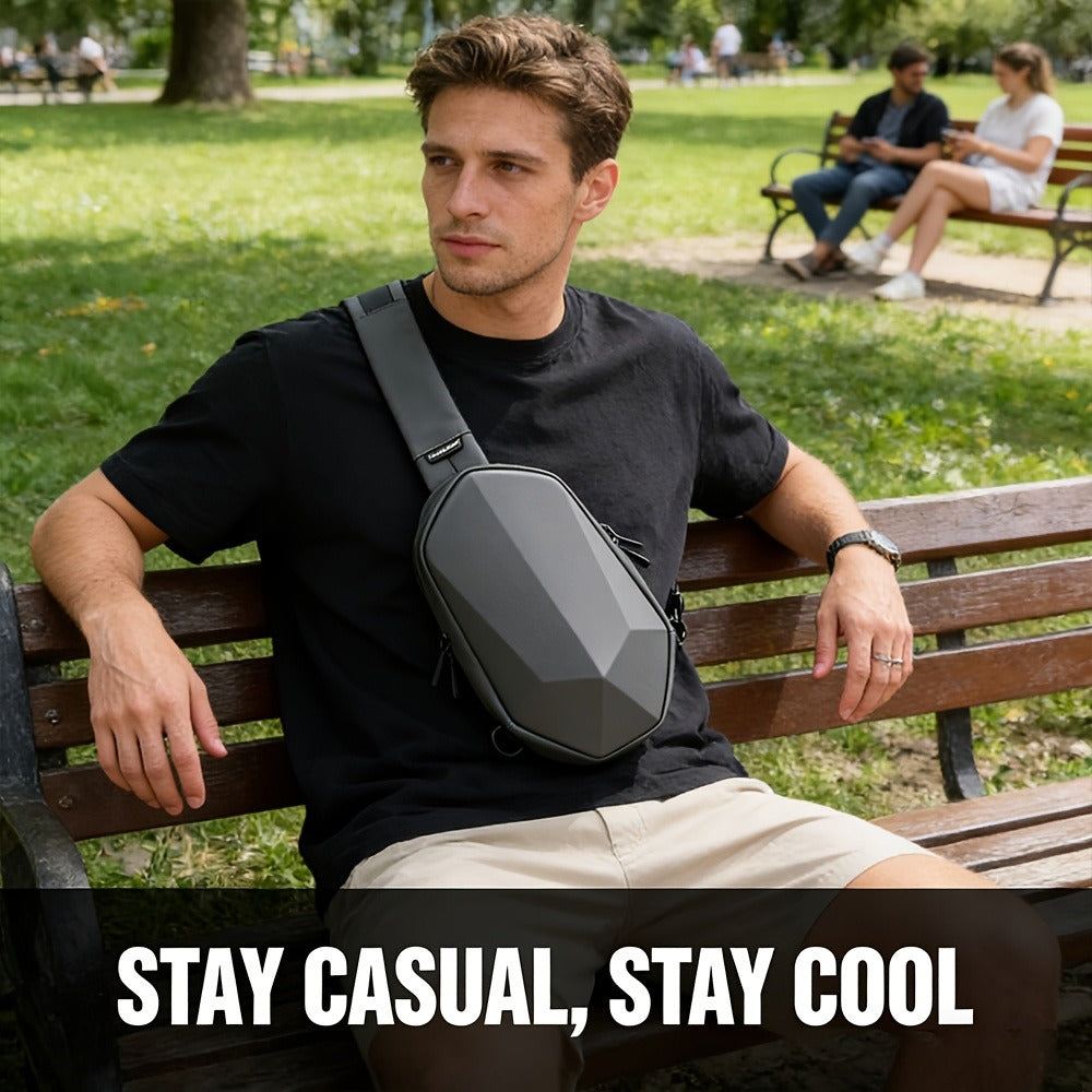Geometric Sling Chest Bag with USB Charging Port, Hard Shell Crossbody Pack for Hiking Cycling