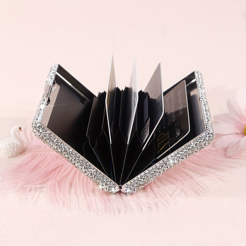 Anti Theft Diamond Inlaid Aluminum Alloy Card Box, High-Value Shiny Business Card Box with Artificial Diamonds, Women'S Anti Magnetic Portable Compact Card Box