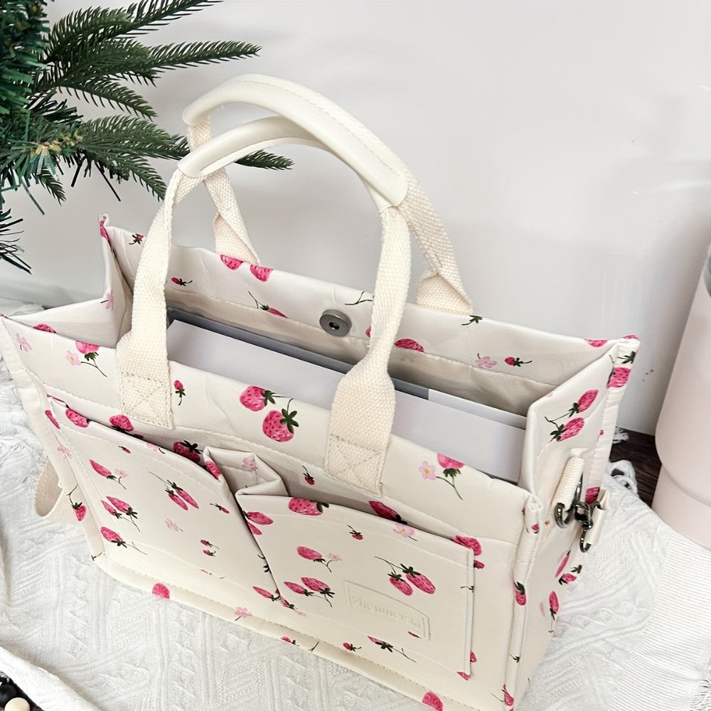Tote Bag for Women Patched Purse Cute Shoulder Bag Multi-Pocket Satchel Handbag for Work Travel, Strawberry, Cherry, Daisy