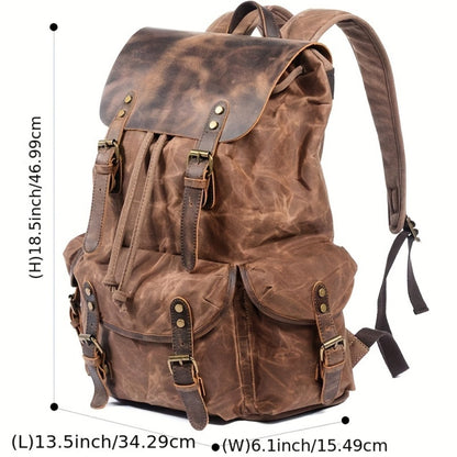 Vintage Men'S Leather Backpack, Waxed Canvas Shoulder Bag for Travel, Casual Laptop Bag, Suitable for Both And .