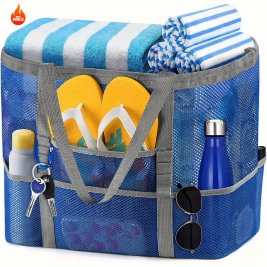 One Extra-Large Mesh Beach Tote Bag That Is Foldable And Easy to Carry, Perfect for Pool Outings, Boat Trips,, And Vacation Necessities. This Lightweight Swim Bag Features a Zipper And Additional Pockets for Organizing Your Essentials