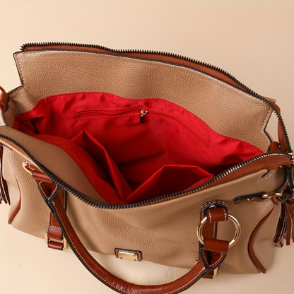 Vintage Retro Women's Crossbody Bag with Adjustable Shoulder Strap & Top Handle - Boston Purse in Red/Black, Golden-Tone Hardware, Zipper Closure, Tassel Detail & Polyester Lining for Casual Everyday Use, Crossbody Purse, Sophisticated Accessory
