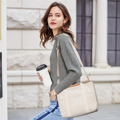 [Multi-Pocket Shoulder Bag] Spacious Multi-Pocket Shoulder Bag Featuring Compartments, Versatile Tote Design, Sturdy Handles, in Beige Color