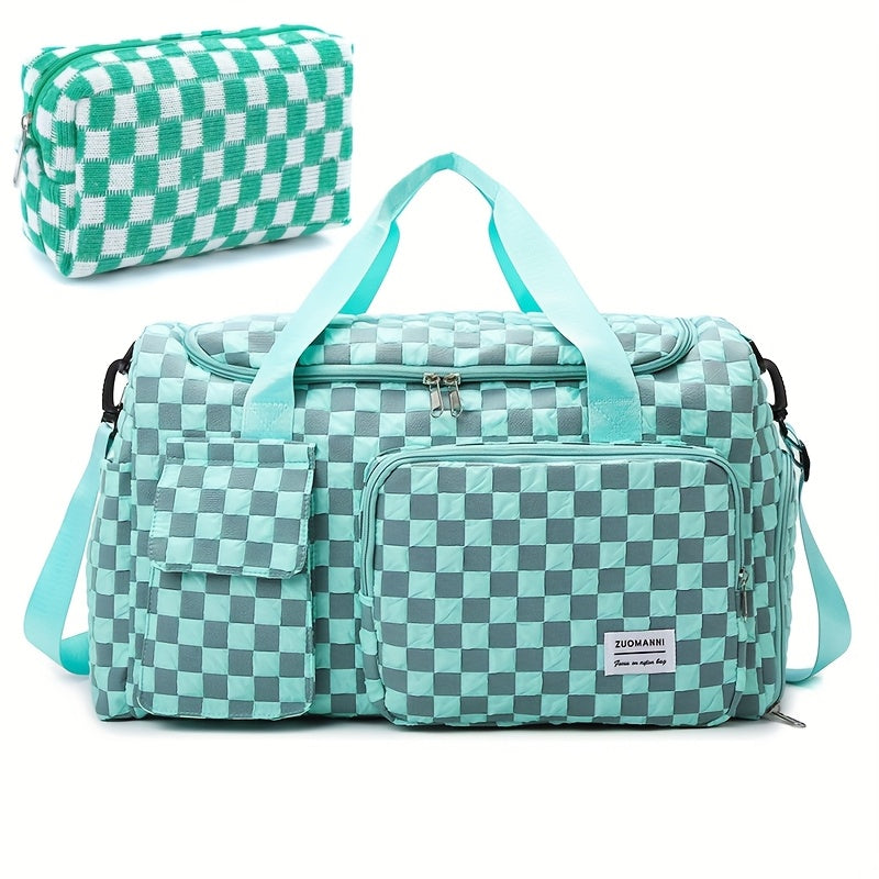 2pcs Checkered Travel Duffel Bag with Makeup Bag for Women Fordable Gym Bag Carry On Weekender Bag with Shoe Compartment